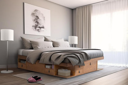 Bali King Size Storage Platform Bed with 6 Drawers, 6 Shelves, 3 Door Cabinets, 2 Pullout Nightstands, Solid Pine Wood Bed Frame with Underbed Storage, No Box Spring Needed, Oak Brown2