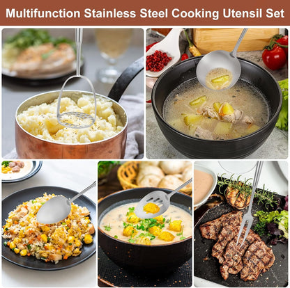 304 Stainless Steel Cooking Utensils Set, 10Pcs Long Metal Kitchen Utensils Set Come with Spoon, Potato Press, Spatula, Ladle, Skimmer, Turner, Pasta Server6