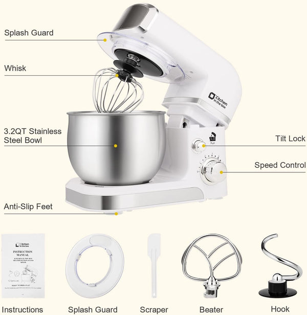 Stand Mixer,3.2Qt Mini Electric Food Mixer,6 Speeds Portable Lightweight Kitchen Mixer for Daily Use with Egg Whisk,Dough Hook,Flat Beater (White)3