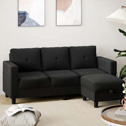 Modern Upholstered Sectional Sofa, L-Shaped Couch with Storage Ottoman and Reversible Chaise for Living Room, Carbon Black Corduroy Fabric1