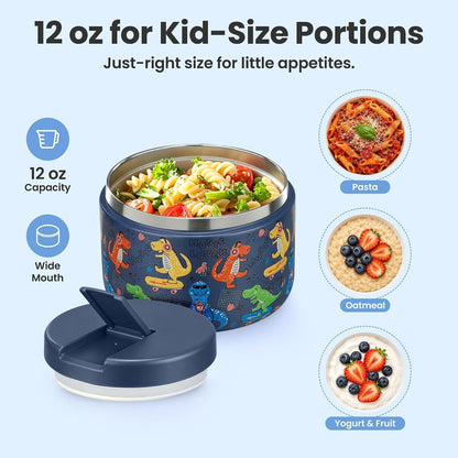 12Oz Insulated Vacuum Food Jar with Buckle Lid Wide Mouth Soup Thermo for Hot Food Kids Leakproof Stainless Steel Lunch Container (Blue-Dinosaur)3