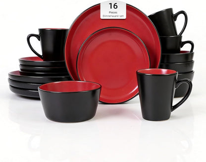 Stoneware Dinnerware Set Service for 4, 16 Piece Two Tone Handmade Plates Bowls Set, Chip & Crack Resistant Modern Tableware, Red and Black1