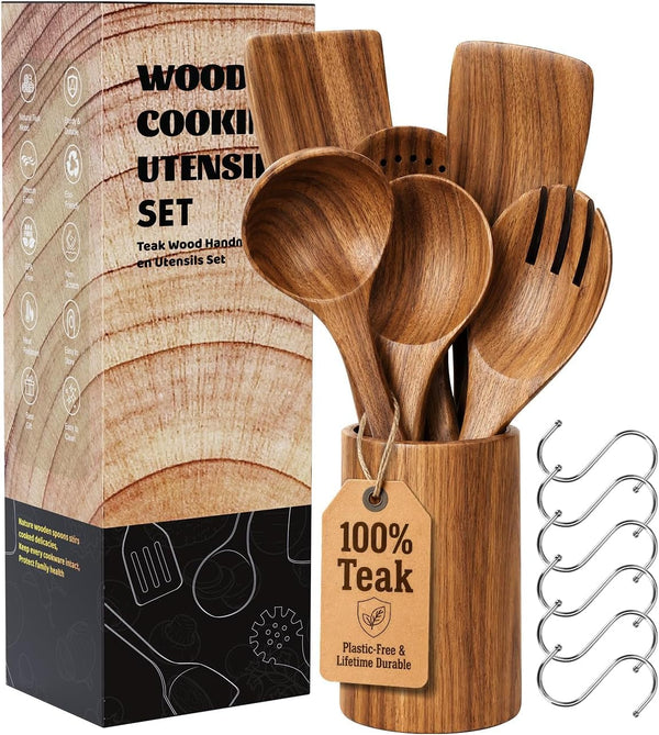 100% Premium Solid Teak Wooden Utensil Set with Holder, 7 PCS1