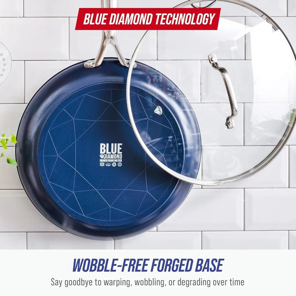 12" Diamond Ceramic Nonstick Frying Pan Skillet with Lid, Blue | Pfas-Free Ceramic Nonstick, Dishwasher & Oven Safe, Stay Cool Handle, Durable Metal Utensil Safe, Egg & Omelet Pan6