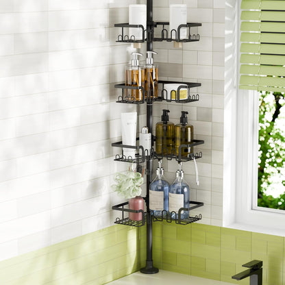 Corner Shower Caddy Tension Pole Adjustable 30.6-127.2 Inch, 4-Tier Rustproof Shower Organizer Shelf Rack, No-Drill Installation Bathroom Storage Shower Caddy Corner Pole, Black1