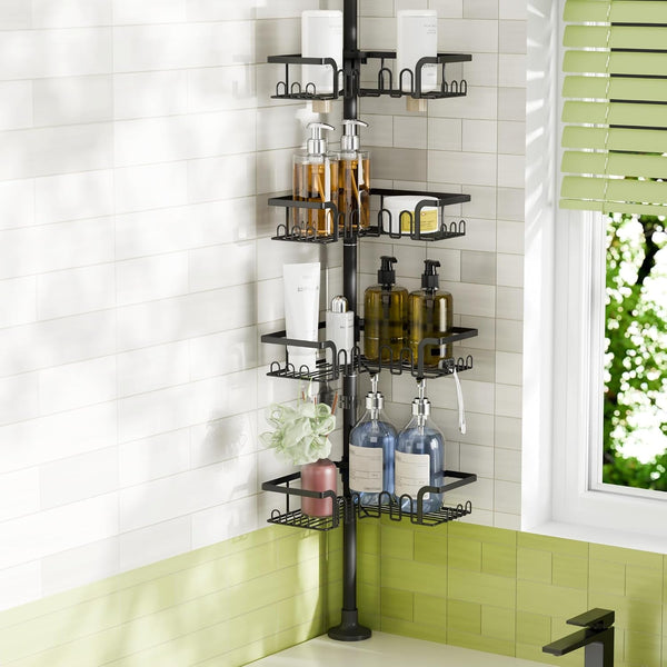 Corner Shower Caddy Tension Pole Adjustable 30.6-127.2 Inch, 4-Tier Rustproof Shower Organizer Shelf Rack, No-Drill Installation Bathroom Storage Shower Caddy Corner Pole, Black1