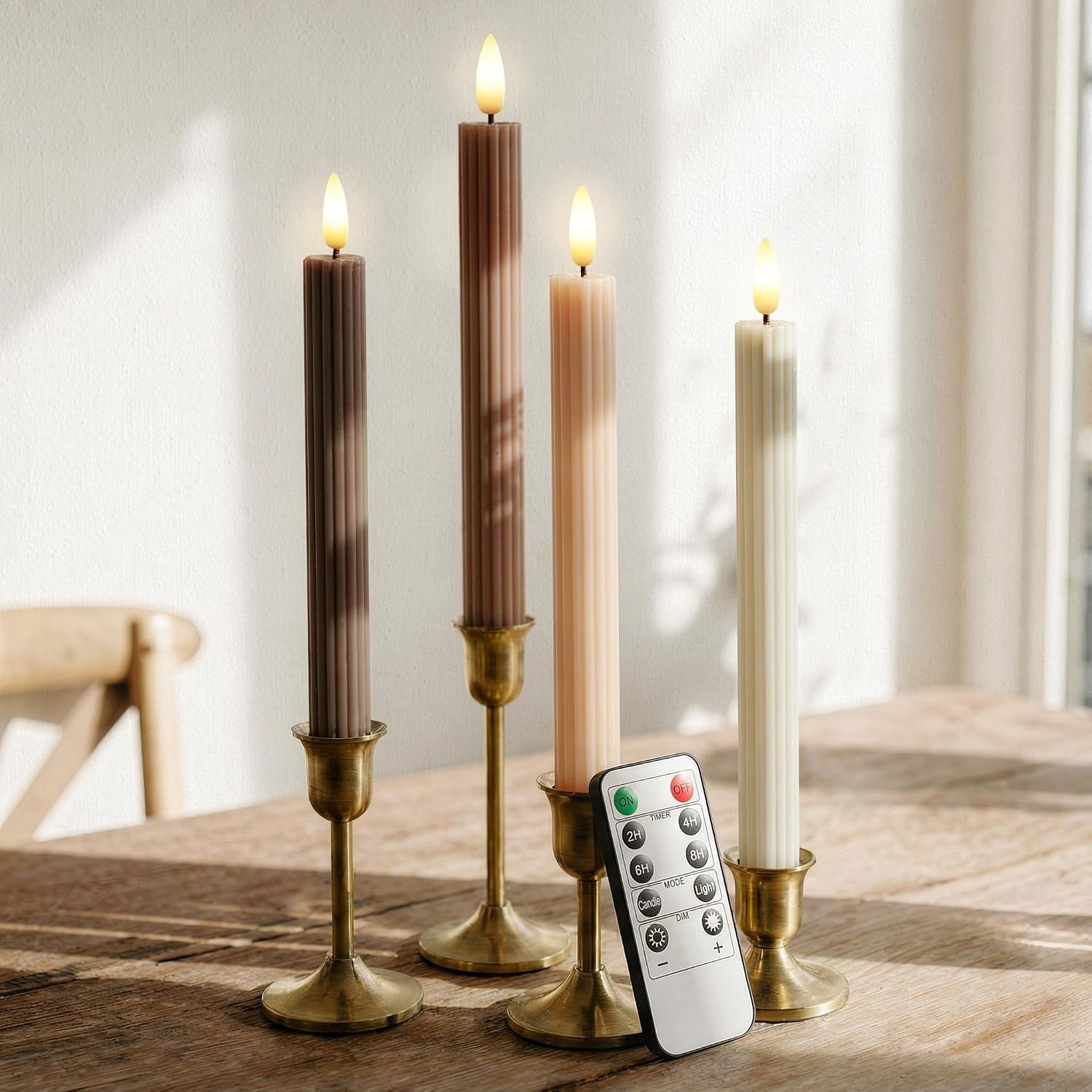 mocha-brown-coordinated-chocolatey-4-pack-10-real-wax-led-flameless-fluted-ribbed-grooved-taper-candles-remote-timer-memory-on-off-button-dimmable-battery-operated-menorah-wedding