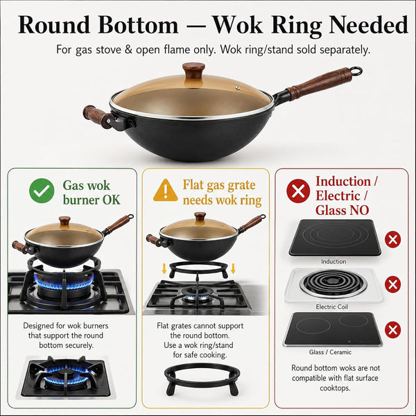 12.6 Inch round Bottom Cast Iron Wok with Glass Lid, Chinese Stir Fry Pan for Gas Stove & Open Flame, Uncoated Clay-Mold Texture, Wok Ring Required, Seasoning Needed2