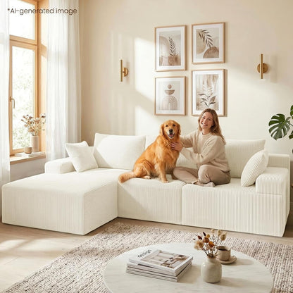108" Corduroy L-Shaped Sectional Couch, Cloud Sofa, Beige4