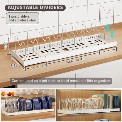2 Pack Expandable Food Storage Container Lid Organizers, 22" Pots and Pans Organizer under Cabinet with 9 Adjustable Dividers Pot and Pan Lid Holders Rack inside Cabinet(White)2