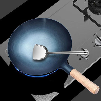 14 Inch Pre-Seasoned Blue Carbon Steel Wok – Traditional round Bottom Chinese Pow Wok with Wooden Handle for Gas Stovetops & Open Fire (5 Quart)3