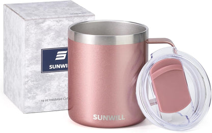 Travel Coffee Mug with Lid, Insulated Tumbler with Handle, 14 Oz Stainless Steel Cup for Ice, Water, Tea, Rose Gold5