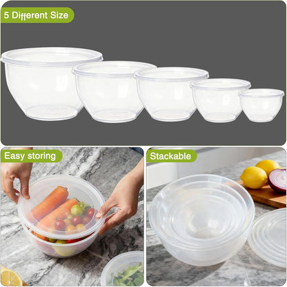 Plastic Mixing Bowls with Lids Set for Kitchen, 5 Set Nesting Bowls for Mixing, Baking, Prepping, Cooking and Serving Food, Mixing Bowls Dishwasher, Microwave Safe5