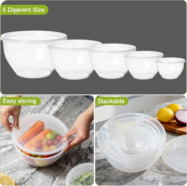 Plastic Mixing Bowls with Lids Set for Kitchen, 5 Set Nesting Bowls for Mixing, Baking, Prepping, Cooking and Serving Food, Mixing Bowls Dishwasher, Microwave Safe5