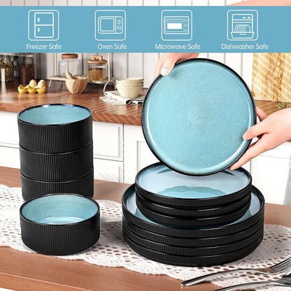 12 Pcs Reactive Glaze Teal Stoneware Dinnerware Sets for 42