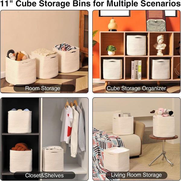 11 Inch Cube Storage Bins, Woven Cotton Rope Basket off White5