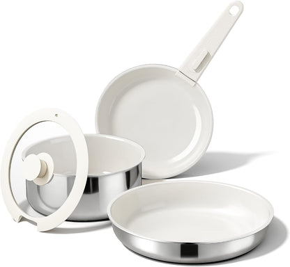 5PCS Pots and Pans Set Non Stick, Diamond-Titanium Ceramic Cookware Set & 3 Layer Stainless Steel with Detachable Handle, Induction Cookware, Non Toxic Oven/Dishwasher Safe, White1
