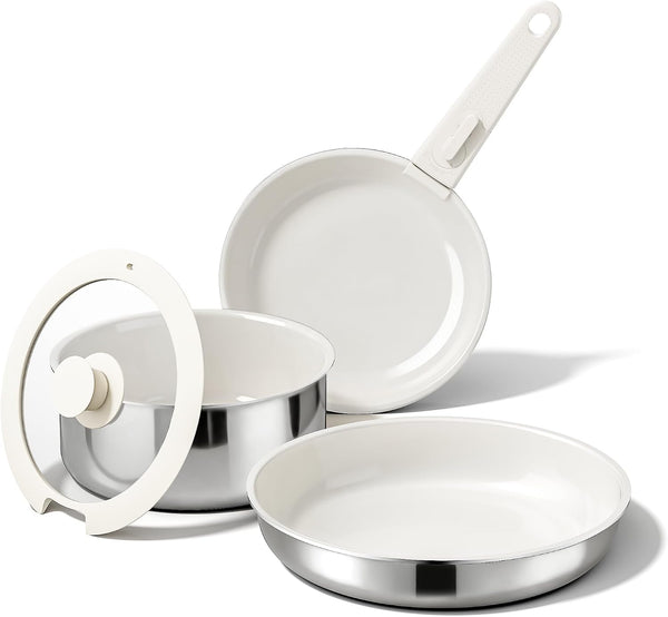 5PCS Pots and Pans Set Non Stick, Diamond-Titanium Ceramic Cookware Set & 3 Layer Stainless Steel with Detachable Handle, Induction Cookware, Non Toxic Oven/Dishwasher Safe, White1