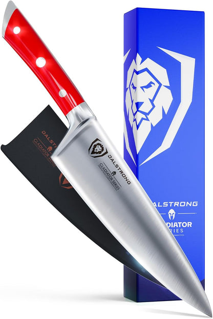 Chef Knife - 8 Inch Blade - Gladiator Series - Forged High Carbon German Steel - Razor Sharp Kitchen Knife - Professional Full Tang Knives - Crimson Red Handle ABS - Sheath - NSF Certified1