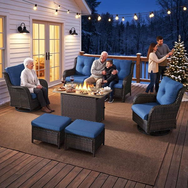 5 Pieces Outdoor Wicker Patio Furniture Set with Fire Pit Blue8