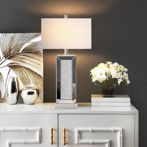 Modern Table Lamp Set of 2 Touch Control, Silver Mirror Diamond Crystal Bedside Lamp with USB C+A Ports, 3-Way Dimmable Mirrored Nightstand Lamps White Fabric Shade for Living Room Bedroom Art Decor5