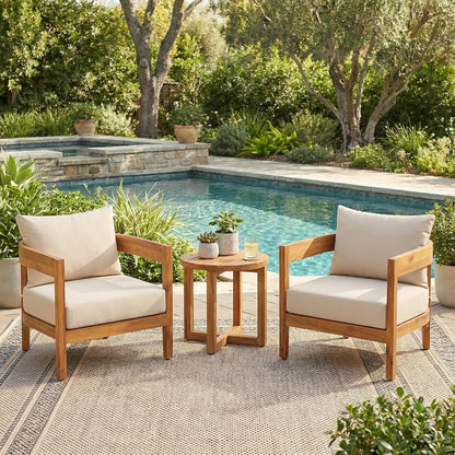 3-Piece Acacia Wood Patio Furniture Set, Outdoor Conversation Club Chair Set with Coffee Table, Patio Chat Set for Backyard Balcony, Teak+Beige1