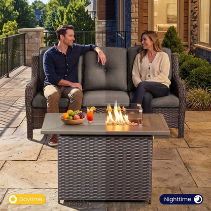 4 Pieces Brown Wicker Patio Furniture Set with Fire Pit, Swivel Chairs Grey3