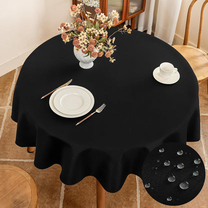 Textured 60 Inch Black Fabric Table Cloth Fits 30'' to 48'' round Table, Faux Linen Water Resistant & Wipeable Circle Tablecloth, Washable for Dinning Kitchen Patio1