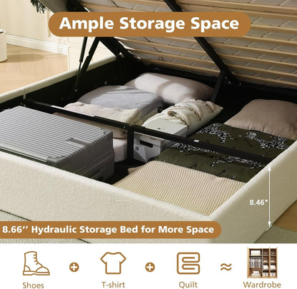 Queen Size Lift-Up Storage Bed, Upholstered Boucle Bed with Curved Headboard, Rounded Corners, Sturdy Wooden Slat Support, No Box Spring Needed, Easy Assembly, Cream White6