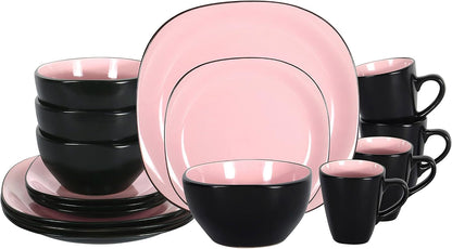Stoneware Square 16Pc Dinnerware Set, inside Shiny Rose + outside Matte Black1