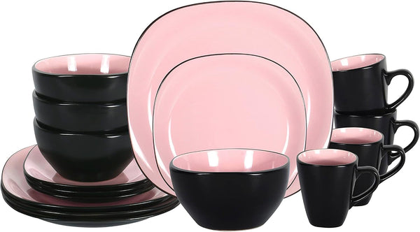 Stoneware Square 16Pc Dinnerware Set, inside Shiny Rose + outside Matte Black1