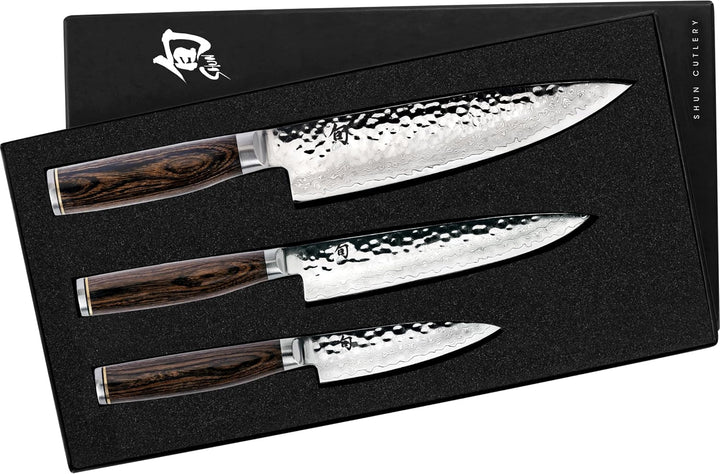Shun Premier 3 Piece Starter Set | Includes 8" Chef, 4" Paring & 6.5" Utility Knives, VG-MAX Core, Damascus Stainless Steel Cladding, Pakkawood Handle