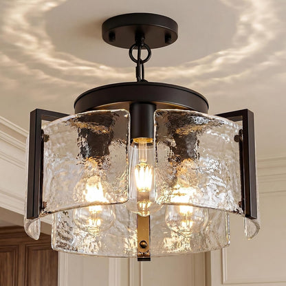 Black Chandeliers for Dining Room, 14 Inch 3-Light 2-In-1 Convertible Pendant and Flush Mount with Drum Textured Glass, Modern Farmhouse Light Fixture for Kitchen Island, Entryway, Foyer, Living Room1