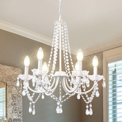 White Crystal Chandeliers for Bedroom, 6 Lights White Chandelier Light Fixture Girls Chandeliers for Dining Room Elegant Modern Contemporary Candle Ceiling Light for Living Room Entryway Foyer1