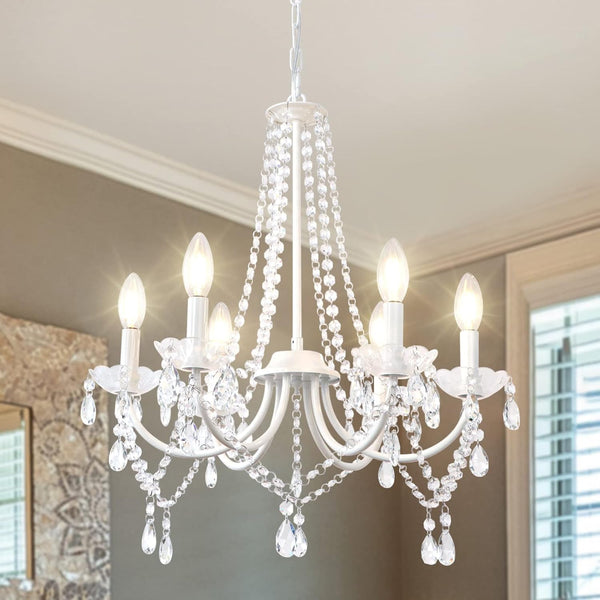White Crystal Chandeliers for Bedroom, 6 Lights White Chandelier Light Fixture Girls Chandeliers for Dining Room Elegant Modern Contemporary Candle Ceiling Light for Living Room Entryway Foyer1