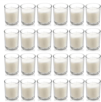 24 Pack Warm White Unscented Clear Glass Filled Votive Candles. Hand Poured Wax Candle Ideal Gifts for Aromatherapy Spa Weddings Birthdays Holidays Party1