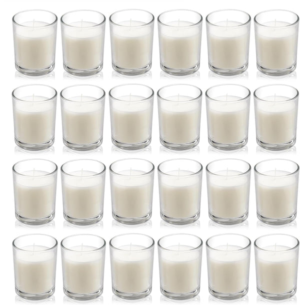 24 Pack Warm White Unscented Clear Glass Filled Votive Candles. Hand Poured Wax Candle Ideal Gifts for Aromatherapy Spa Weddings Birthdays Holidays Party1