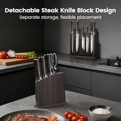 15-Piece Kitchen Knife Set with Magnetic Block, New for 2026 | Detachable Steak Knife Block for Table Service, Built-In Sharpener, Wood Handle, Damascus Pattern, Housewarming Gifts2