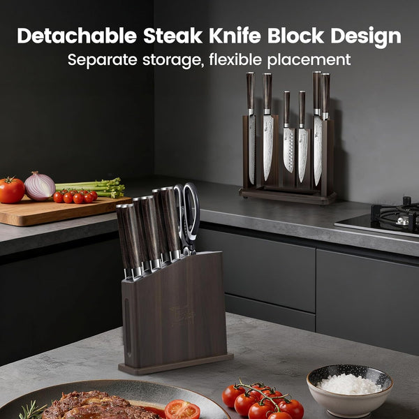 15-Piece Kitchen Knife Set with Magnetic Block, New for 2026 | Detachable Steak Knife Block for Table Service, Built-In Sharpener, Wood Handle, Damascus Pattern, Housewarming Gifts2
