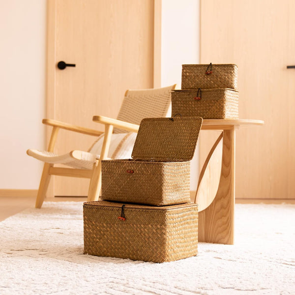 4 Pack, Wicker Baskets with Lids, Natural Seagrass Storage Baskets, Woven Rectangular Basket Bins, Rattan Storage Organizer for Shelf6