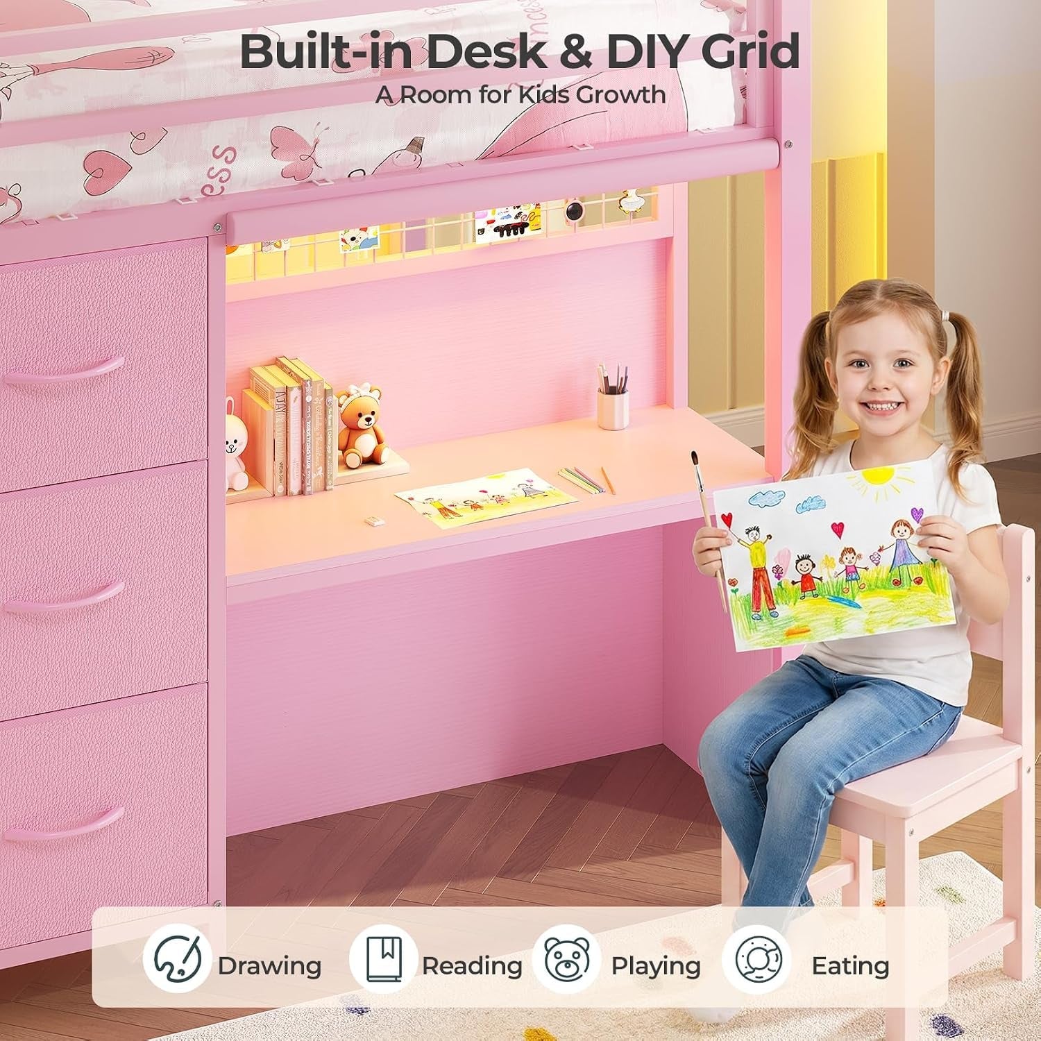 kids-low-loft-bed-twin-size-with-desk-and-7-storage-drawers-pink