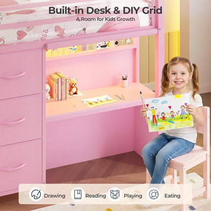 Kids Low Loft Bed Twin Size with Desk and 7 Storage Drawers, Pink4