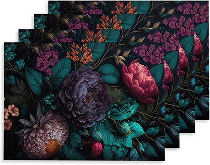 12"X18" Dark Black Pink Purple Red Peony Floral Placemats Set of 4 Washable Thick Place Mats Kitchen Table Mats Decorative Linen Fabric Table Mat for Dining Table Kitchen Home Decor1