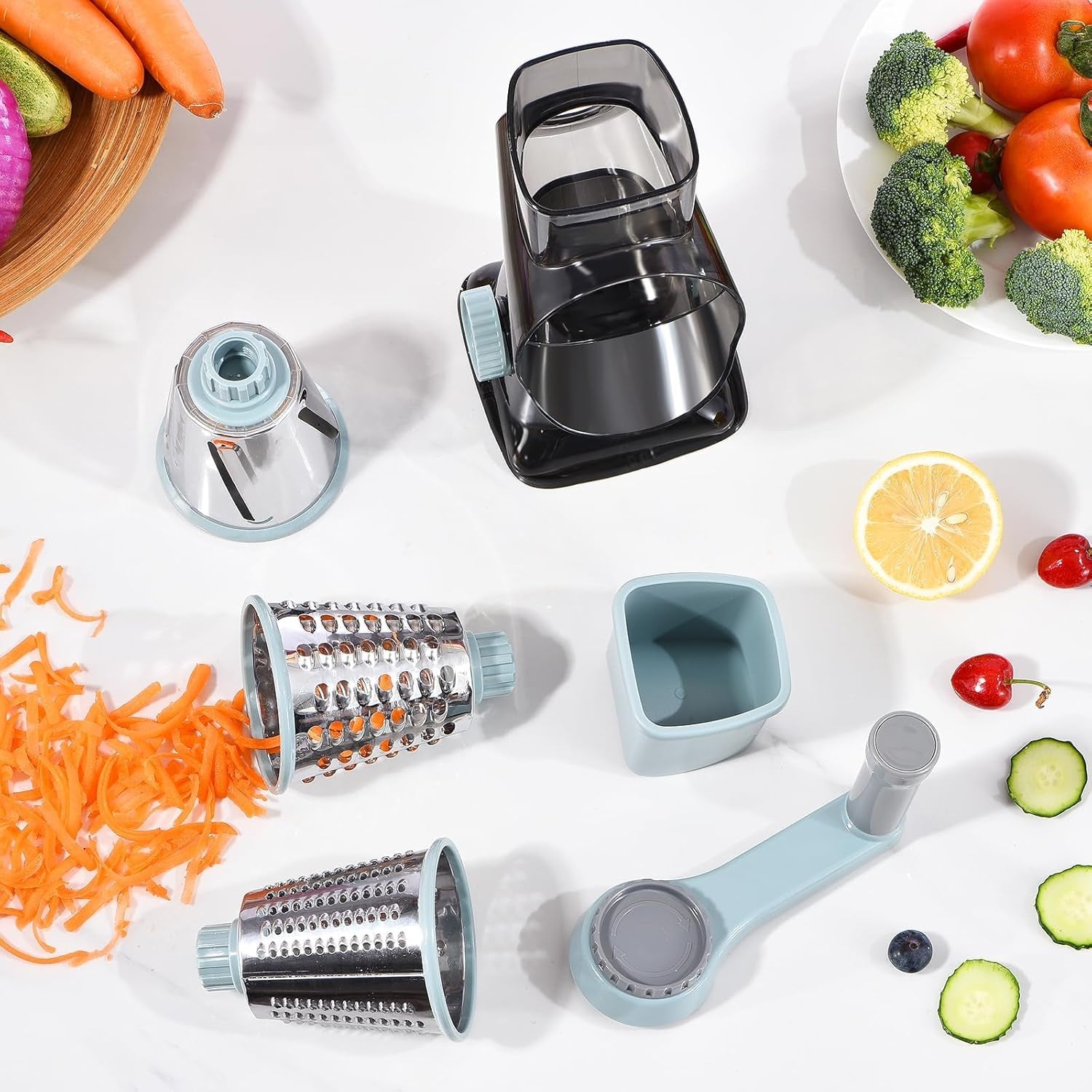 rotary-cheese-grater-with-handle-kitchen-shredder-slicer-grater-slicer-ice-shaver-cheese-vegetable-nuts-potato-zucchini-chocolate-3-interchangeable-blades-greyblue