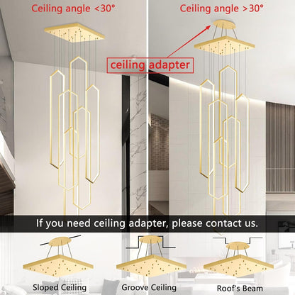 6-Rings Chandelier Modern, Gold Large Contemporary LED Light for Living Room Entrance, Dimmable Flush Mount High Ceiling Chandeliers with Remote Control for Villa Foyer4