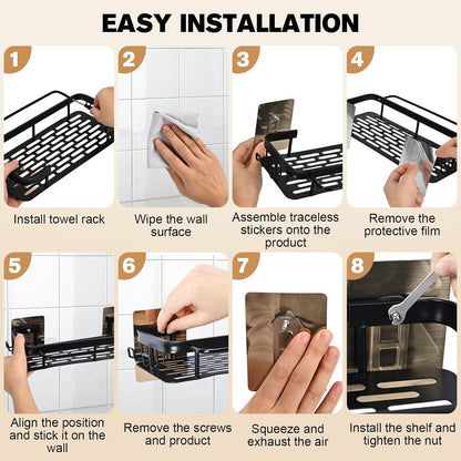 No-Drill Adhesive Shower Caddy, Black Aluminum Shelves 2-Pack7