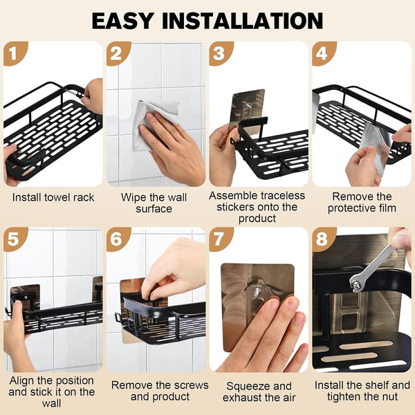 No-Drill Adhesive Shower Caddy, Black Aluminum Shelves 2-Pack7