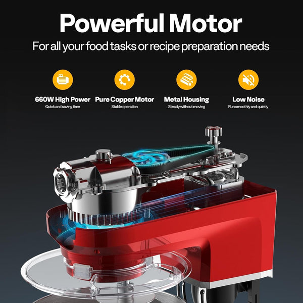 6-In-1 Stand Mixer, 8.5-Quart Tilt-Head Mixer, 10 Speeds, Red | Meat Grinder & Glass Blender Jar, Pasta Maker & Slicer, Stainless Steel Bowl, Dough Hook, Beater, Whisk, Splash Guard3