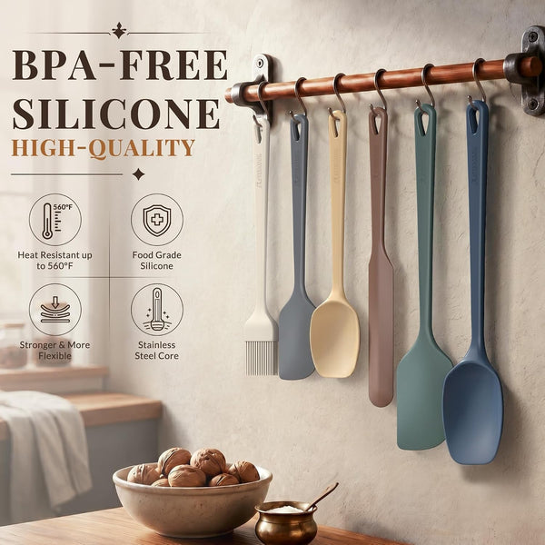 6-Piece Silicone Spatula Set, 560°F Heat Resistant Rubber Spatulas with Stainless Steel Core, Nonstick Safe & Dishwasher Safe Baking Spatula Set for Cooking & Mixing, Morandi Earth Colors4