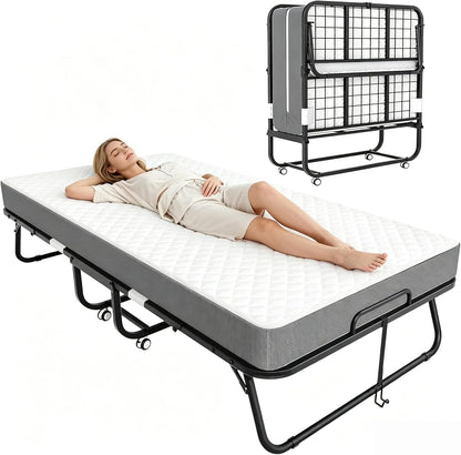 Folding Bed with 5 Inch Mattress, 75” X 31” Portable Rollaway Bed with Memory Mattress, Foldable Bed with Metal Frame for Adults,Guest,Space-Saving1